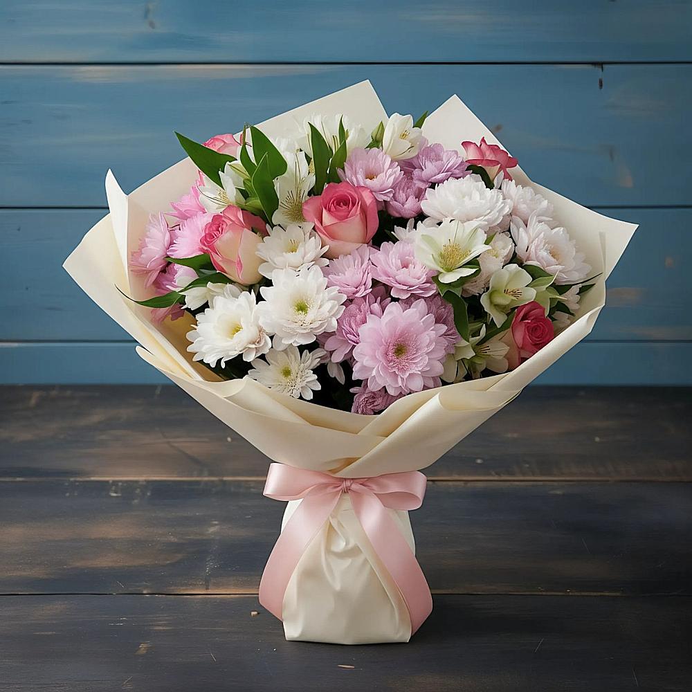 Букет цветов из: Хризантемы, Альстромерии и Розы в Турксаде